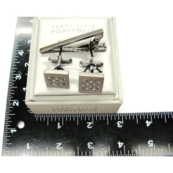 Perry Ellis Portfolio Cufflinks Set w Neck Tie Clip Silver Tone Wedding IOB - Picture 4 of 8